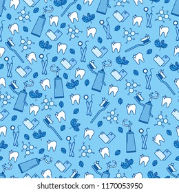 Dental care seamless pattern with teeth, toothbrush, toothpaste, medical equipment. Modern outline vector illustration. Health care background for dentistry clinic, branding, advertisement