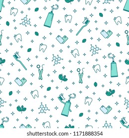 Dental care seamless pattern with teeth, toothbrush, toothpaste, medical equipment. Modern outline vector illustration. Health care background for dentistry clinic, branding, advertisement