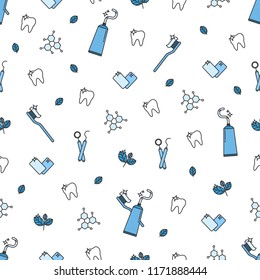 Dental care seamless pattern with teeth, toothbrush, toothpaste, medical equipment. Modern outline vector illustration. Health care background for dentistry clinic, branding, advertisement