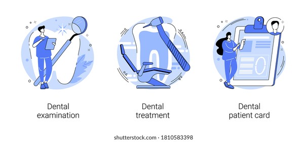 Conjunto de ilustraciones vectoriales de concepto abstracto del servicio de cuidado dental. Examen y tratamiento dentales, tarjeta del paciente, prueba oral, silla dentista, ayuda de emergencia por dolor de dientes, metáfora abstracta ortodoncia.