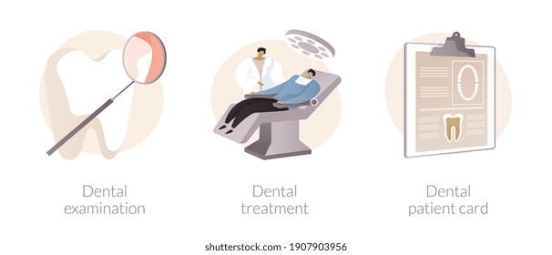 Dental Care Service Abstract Concept Vector Illustration Set. Dental Examination And Treatment, Patient Card, Visit A Dentist, Toothache Emergency Help, Orthodontic Procedure Abstract Metaphor.