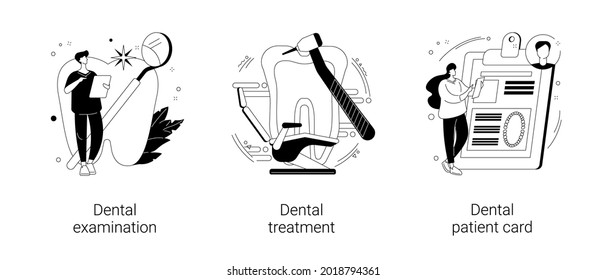 Dental care service abstract concept vector illustration set. Dental examination and treatment, patient card, oral test, dentist chair, toothache emergency help, orthodontic abstract metaphor.