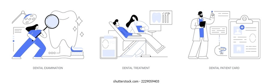 Dental care service abstract concept vector illustration set. Dental examination and treatment, patient card, visit a dentist, toothache emergency help, orthodontic procedure abstract metaphor.