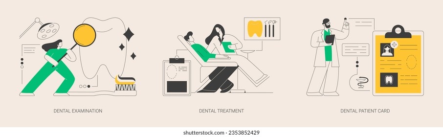 Dental care service abstract concept vector illustration set. Dental examination and treatment, patient card, visit a dentist, toothache emergency help, orthodontic procedure abstract metaphor.