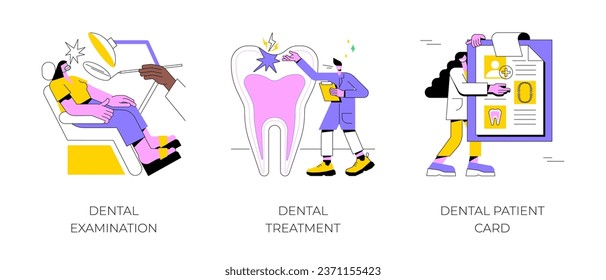 Dental care service abstract concept vector illustration set. Dental examination and treatment, patient card, oral test, dentist chair, toothache emergency help, orthodontic abstract metaphor.