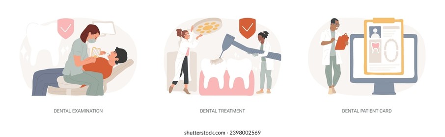 Dental care service isolated concept vector illustration set. Dental examination and treatment, patient card, oral test, dentist chair, toothache emergency help, orthodontic vector concept.