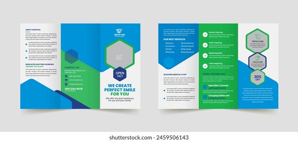 Dental care service trifold brochure template and professional medical healthcare leaflet design with dentist poster.