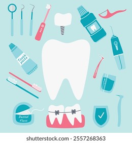 Dental care set, hygiene products. Toothpaste, toothbrushes, dental floss, interdental brushes, electric toothbrush, mouthwash, electric irrigator, different teeth, implant. Vector icons