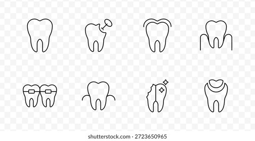 Ícone do conjunto de cuidados dentários. Os ícones de linha fina representam elementos de dente, extração, raiz, goma, aparelho, brilho, cavidade e coroa relacionados à higiene bucal, ortodôntica e saúde dentária.