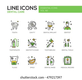 Dental care - set of modern vector line design icons and pictograms. Tooth, cavity, implant, toothpaste, dentist chair, toothbrush, tools, floss, smile rinse medical record