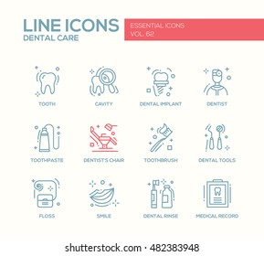 Dental care - set of modern vector plain line design icons and pictograms. Tooth, cavity, implant, toothpaste, dentist chair, toothbrush, tools, floss, smile, rinse, medical record