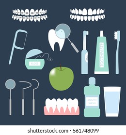 Dental care set on the green background. Vector illustration