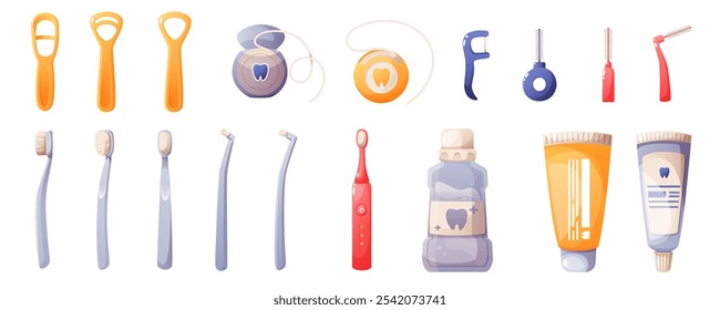 Conjunto de cuidado dental, productos de higiene oral. Pasta de dientes, cepillos de dientes, hilo dental, cepillos interdentales, cepillo de dientes eléctrico, enjuague bucal, raspador de lengua. Cuidado dental, limpieza dental.