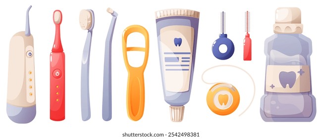 Conjunto de cuidados dentários, produtos de higiene bucal. Pasta de dente, escovas de dentes, fio dental, escovas interdentais, escova de dentes elétrica, enxaguante bucal, raspador de língua, irrigador elétrico. Cuidados dentários, limpeza de dentes.