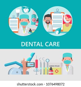 Dental care. Set of round vector emblems. Dentist and patient with a toothache. Dental instruments, dental chair. Hand holding smartphone with mobile application for dentistry.