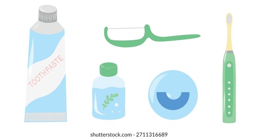 Conjunto de cuidado dental, cepillo de dientes, pasta, hilo dental. Ilustración de kit de higiene bucal, enjuague bucal y herramientas. Pasta de dientes, hilo dental y cepillo, Vector dental esencial