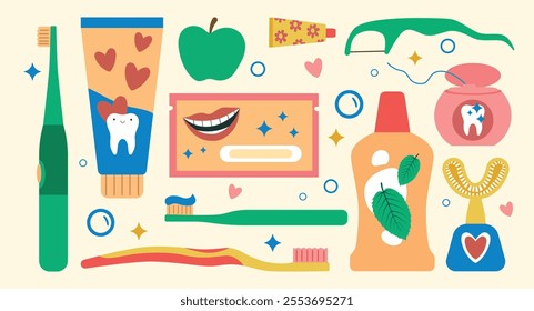 Dental care set. Toothbrush, toothpaste, dental floss, apple and other elements. Bright vector illustration for your design