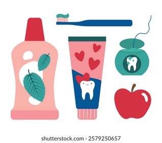 Dental care set. Toothbrush, toothpaste, mouthwash, dental floss in clip art style. Vector illustration for dentistry website design, dental care brochure, poster, background