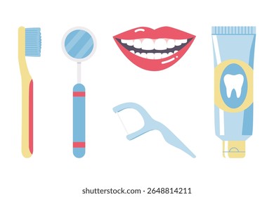 Dental care set with toothbrush, toothpaste, floss, and smiling mouth