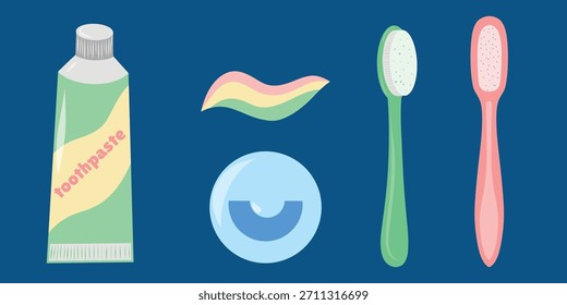 Conjunto de cuidado dental, pasta de dientes, hilo dental, cepillo de dientes. Ilustración del kit de higiene oral, artículos esenciales dentales. Pasta de dientes y hilo dental con cepillo, conjunto de salud