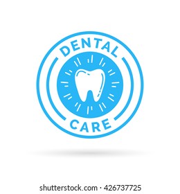 Dental care sign. Oral teeth hygiene badge with blue healthy tooth icon. Vector illustration.