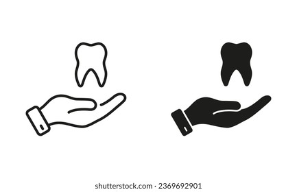 Dental Care Silhouette and Line Icons Set. Stomatology Protection Pictogram. Dental Treatment. Dentistry Black Symbol Collection. Tooth and Human Hand, Dentist Support. Isolated Vector Illustration.