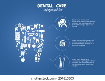 Dental care simple infographics. Tooth symbol made of dental symbols: dental floss, tooth brush, tooth paste, dental diagnostics etc.