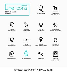 Dental Care - single line pictograms set. Examination, tomography, caries, pulpitis, restoration, implant surgery, bite correction, teeth whitening extraction prosthetic dentistry periodontics