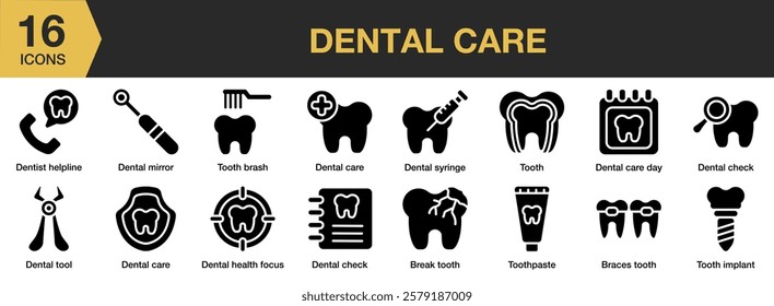 Dental Care solid icon set. Includes dental, dentist, care, health, teeth, and More. Solid icons vector collection.