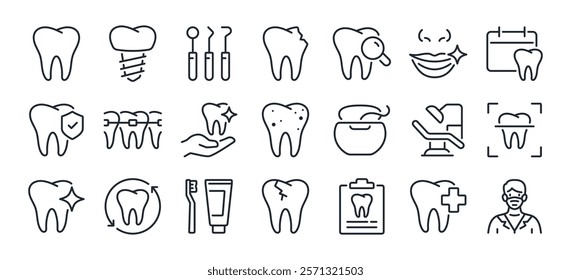 Dental care and stomatology editable stroke outline icons set isolated on white background flat vector illustration. Pixel perfect. 64 x 64.