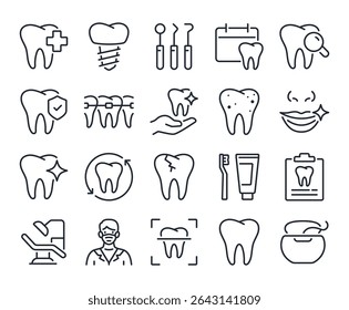 Cuidados dentários e estomatologia editável traçado contorno ícones conjunto isolado no fundo branco ilustração vetor plana. Pixel perfeito. 64 x 64