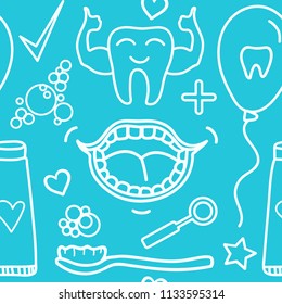 Dental care symbols seamless pattern. Vector line illustration isolated on modern color background.