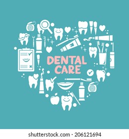 Dental care symbols in the shape of heart. Dental floss, teeth, mouth, tooth paste etc.