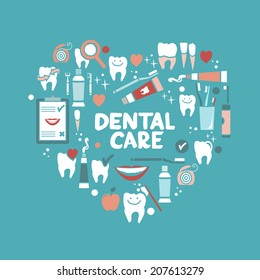 Dental care symbols in the shape of heart. Dental floss, teeth, mouth, tooth paste etc.