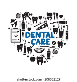 Dental care symbols in the shape of heart. Dental floss, teeth, mouth, tooth paste etc.
