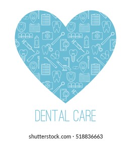 Dental care symbols in the shape of heart. Design template for brochures, flyers, web sites.