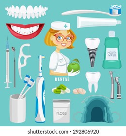 Dental care symbols. Teeth dental care mouth health set with inspection dentist treatment isolated vector illustration