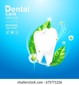 Dental Care Teeth and Green tea leaf Vector Concept on Background Light.