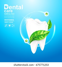 Dental Care Teeth and Green tea leaf Vector Concept on Background Light.