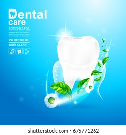 Dental Care Teeth and Green tea leaf Vector Concept on Background Light.