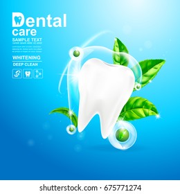 Dental Care Teeth and Green tea leaf Vector Concept on Background Light.