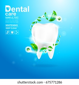 Dental Care Teeth and Green tea leaf Vector Concept on Background Light.