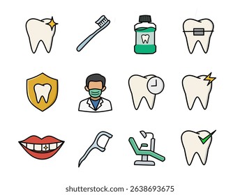 Dental care, teeth tools, and medical icons collection. This illustration includes a tooth, toothbrush, mouthwash, braces, tooth shield, dentist, teeth with clock, smiling mouth, dental chair