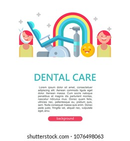 Dental care. A template for the design of flyers and brochures dentistry. With space for text. Set of vector dental instruments. Patient dental clinic before and after dental treatment.