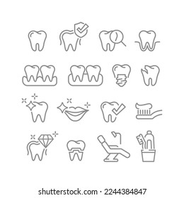 Dental care and therapy line vector icon set. Healthy tooth, caries, implants and oral hygiene set. Teeth icons.