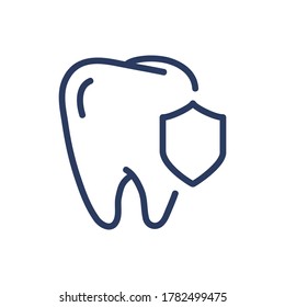 Dental care thin line icon. Tooth with shield, insurance, protection isolated outline sign. Dental care, healthy teeth, dentistry concept. Vector illustration symbol element for web design and apps