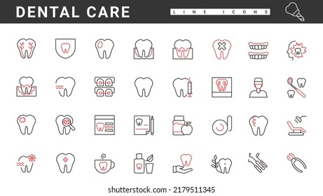 Dental care thin red and black line icons set vector illustration. Abstract dentistry instruments and orthodontic examination in stomatology clinic, bad human tooth treatment and symptoms of caries