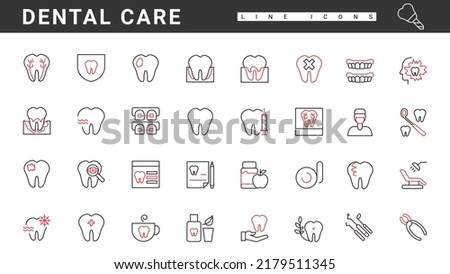 Dental care thin red and black line icons set vector illustration. Abstract dentistry instruments and orthodontic examination in stomatology clinic, bad human tooth treatment and symptoms of caries
