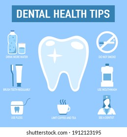 Dental care tips for healthy teeth infographic in flat design on blue background. Dental health tips concept.