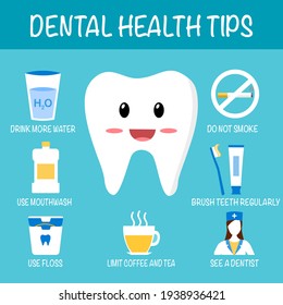 Dental care tips for healthy teeth infographic in flat design on blue background. Dental health tips cartoon concept.